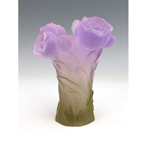 771 - A Daum pate-de-verre glass vase, relief moulded as a bouquet of roses, lilac draining to topaz, engr... 