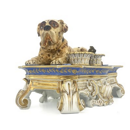 796 - Jacob Petit, a Paris porcelain ink stand, the ogee bordered platform on scrolled bracket and shell b... 