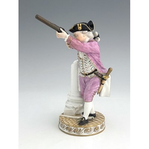 810 - A Meissen figure of a hunter firing a shotgun, model F33, Marcolini mark and period circa 1810, on r... 