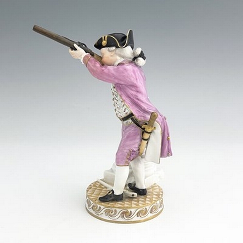 810 - A Meissen figure of a hunter firing a shotgun, model F33, Marcolini mark and period circa 1810, on r... 