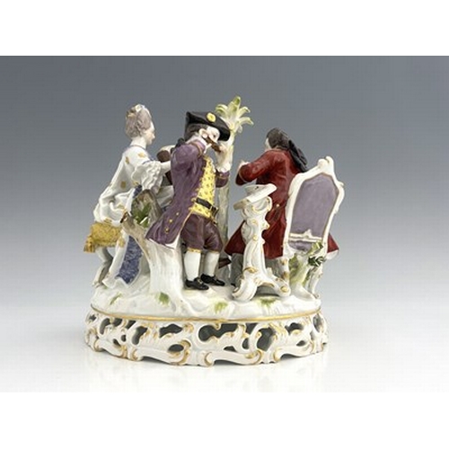 814 - A Meissen figure group, model D48, three musicians, including harpist, on a reticulated Rococo scrol... 