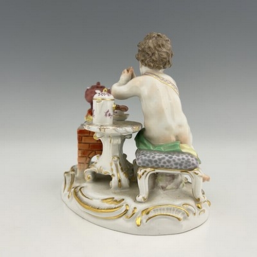 816 - A Meissen allegorical figure of Fire, modelled as a putto making hot chocolate, on gilt highlighted ... 