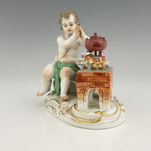 816 - A Meissen allegorical figure of Fire, modelled as a putto making hot chocolate, on gilt highlighted ... 