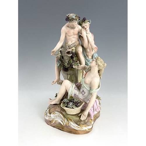 818 - A Meissen group of Bacchic figures, circa 1880, painted in polychrome enamels and modelled as Bacchu... 