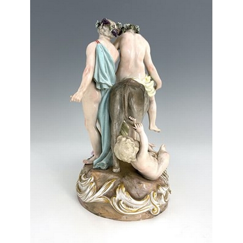 818 - A Meissen group of Bacchic figures, circa 1880, painted in polychrome enamels and modelled as Bacchu... 