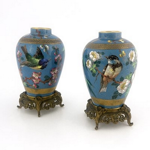 820 - A pair of Aesthetic Movement French porcelain vases, circa 1880, blue ground cloisonne style gilt wi... 