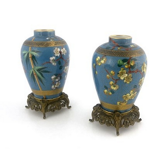 820 - A pair of Aesthetic Movement French porcelain vases, circa 1880, blue ground cloisonne style gilt wi... 