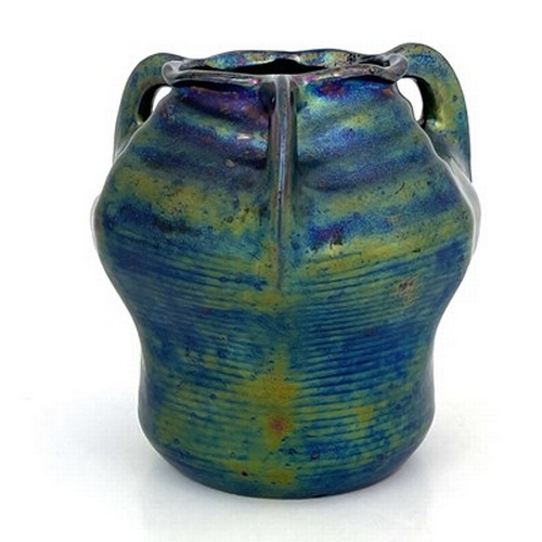 824 - Heliosine, an Austrian Secessionist iridescent pottery vase, circa 1900, three handled hexagonal sec... 