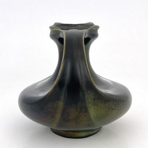 825 - Heliosine, an Austrian Secessionist twin handled lustre vase, organic Grecian boat form, bronzed iri... 