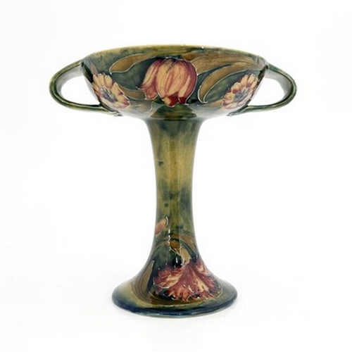 831 - William Moorcroft for Tiffany and Co., a Spanish twin handled comport, circa 1910, pedestal form wit... 