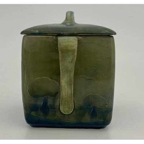 837 - William Moorcroft, a Landscape or Hazledene biscuit box and cover, circa 1914, cuboid form with stra... 