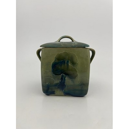 837 - William Moorcroft, a Landscape or Hazledene biscuit box and cover, circa 1914, cuboid form with stra... 