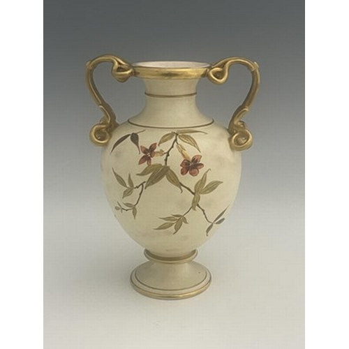 840 - A Wedgwood Aesthetic Movement twin handled vase, footed inverse baluster form, cream ground painted ... 