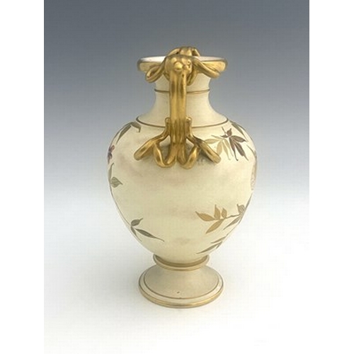 840 - A Wedgwood Aesthetic Movement twin handled vase, footed inverse baluster form, cream ground painted ... 