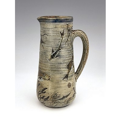 846 - Robert Wallace Martin and Edwin Martin for Martin Brothers, a stoneware Aquatic jug, 1884, ribbed co... 