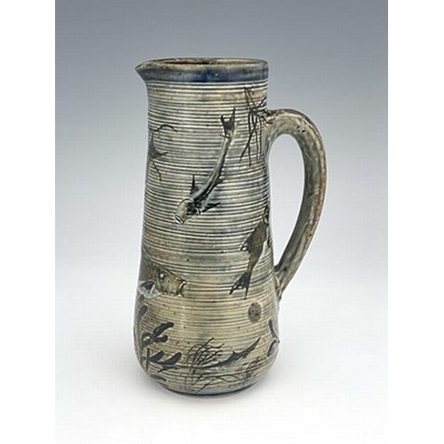 846 - Robert Wallace Martin and Edwin Martin for Martin Brothers, a stoneware Aquatic jug, 1884, ribbed co... 