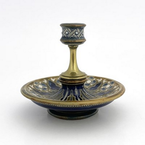 856 - Frank Butler for Doulton Lambeth, a stoneware and gilt brass candlestick, 1886, sgraffito decorated ... 