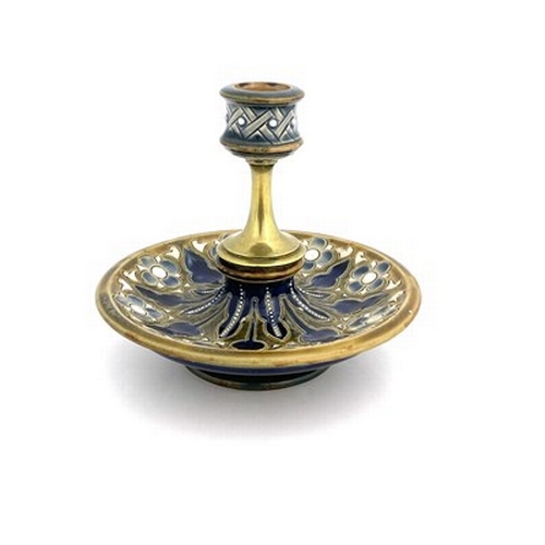 856 - Frank Butler for Doulton Lambeth, a stoneware and gilt brass candlestick, 1886, sgraffito decorated ... 