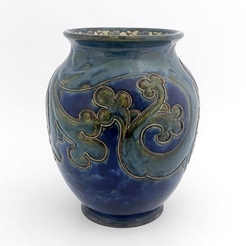 857 - Mark V Marshall for Royal Doulton, a stoneware vase, shouldered ovoid form, carved with seaweed desi... 