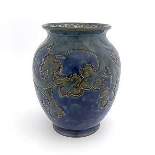 857 - Mark V Marshall for Royal Doulton, a stoneware vase, shouldered ovoid form, carved with seaweed desi... 