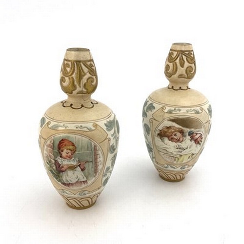 858 - Ada Dennis for Doulton Lambeth, a pair of painted stoneware vases, double gourd form, decorated with... 