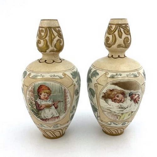 858 - Ada Dennis for Doulton Lambeth, a pair of painted stoneware vases, double gourd form, decorated with... 