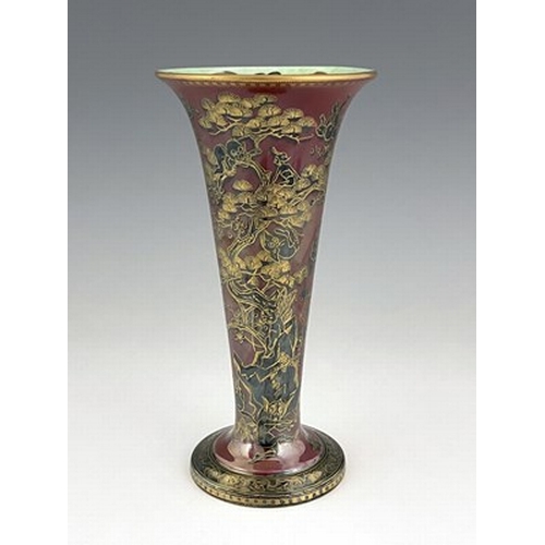 866 - Daisy Makeig-Jones for Wedgwood, a Fairyland lustre trumpet vase, Firbolgs IV with fish interior rim... 