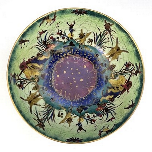 875 - Daisy Makeig-Jones for Wedgwood, Fairyland lustre Imperial bowl, Elves and Bell Branch interior with... 