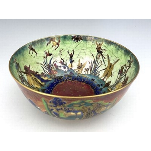 875 - Daisy Makeig-Jones for Wedgwood, Fairyland lustre Imperial bowl, Elves and Bell Branch interior with... 