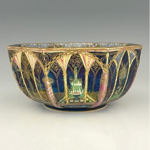 877 - Daisy Makeig-Jones for Wedgwood, a Fairyland lustre octagonal bowl, Smoke Ribbons interior, the exte... 