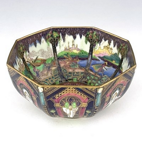 878 - Daisy Makeig-Jones for Wedgwood, a Fairyland lustre octagonal bowl, Running Figures interior, the ex... 