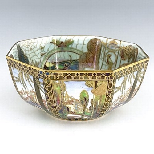 880 - Daisy Makeig-Jones for Wedgwood, a Fairyland lustre octagonal bowl, Bird in a Hoop interior around a... 