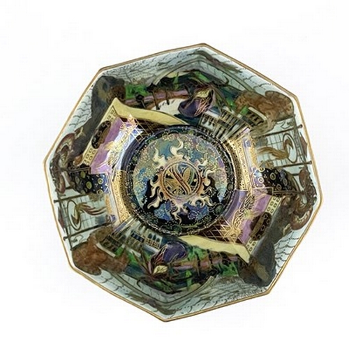 880 - Daisy Makeig-Jones for Wedgwood, a Fairyland lustre octagonal bowl, Bird in a Hoop interior around a... 