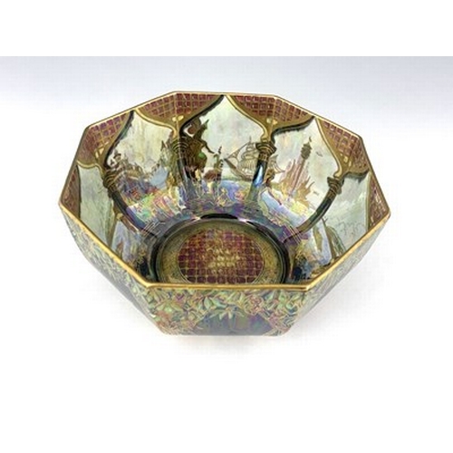 881 - Daisy Makeig-Jones for Wedgwood, a Fairyland lustre octagonal bowl, Ship and Mermaid interior, the e... 