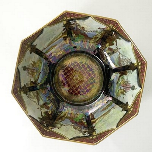 881 - Daisy Makeig-Jones for Wedgwood, a Fairyland lustre octagonal bowl, Ship and Mermaid interior, the e... 