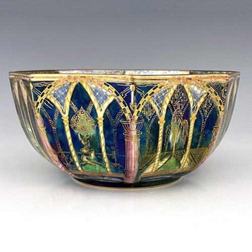 881 - Daisy Makeig-Jones for Wedgwood, a Fairyland lustre octagonal bowl, Ship and Mermaid interior, the e... 