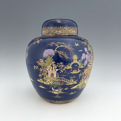 892 - Carlton ware, a large Wilshaw & Robertson ginger jar and cover, chinoiserie landscape on blue ground... 