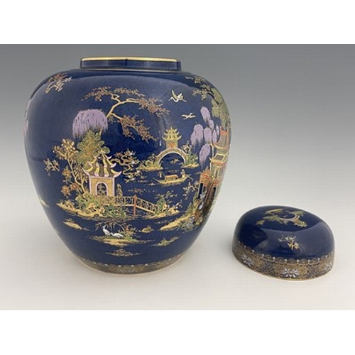 892 - Carlton ware, a large Wilshaw & Robertson ginger jar and cover, chinoiserie landscape on blue ground... 