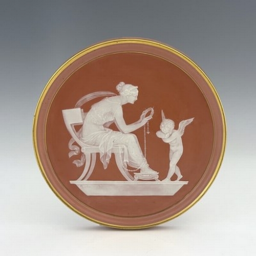 902 - Albion Birks for Minton, a pate sur pate plaque, circa 1910, pink ground, with Eros and Aphrodite ho... 