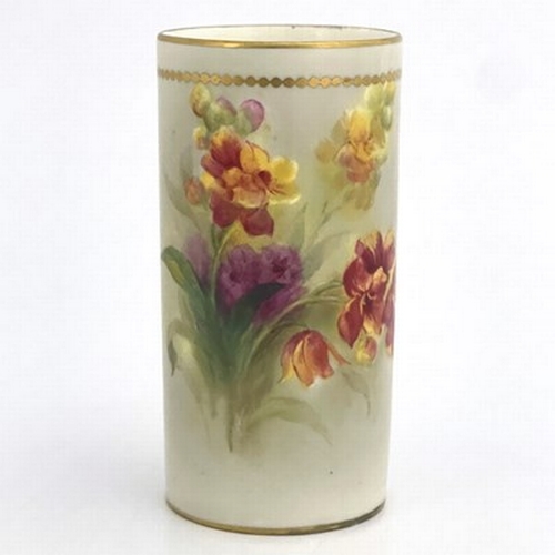 907 - Kitty Blake for Royal Worcester, a flower painted spill vase, cylindrical form, circa 1940, decorate... 