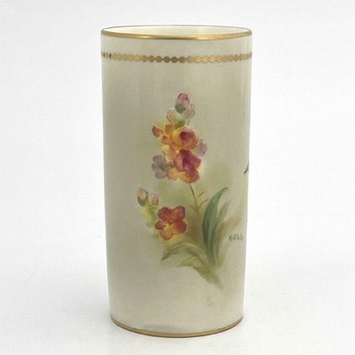 907 - Kitty Blake for Royal Worcester, a flower painted spill vase, cylindrical form, circa 1940, decorate... 