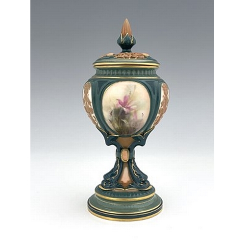 910 - A Hadley's Worcester flower painted pedestal vase, circa 1905, lobed form, painted with floral studi... 