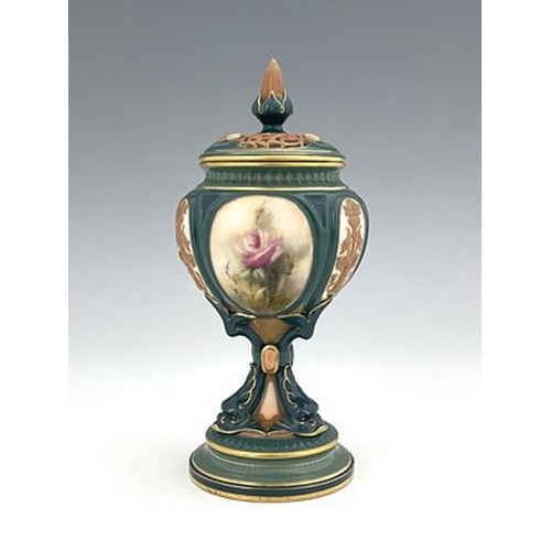 910 - A Hadley's Worcester flower painted pedestal vase, circa 1905, lobed form, painted with floral studi... 