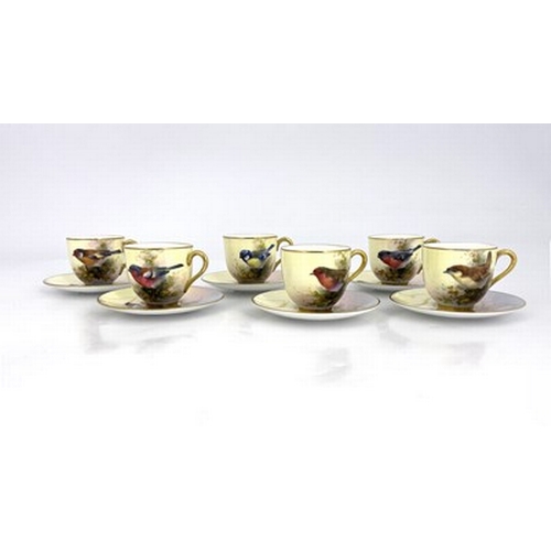 915 - E Barker for Royal Worcester, a bird painted coffee set, decorated with English garden birds, includ... 