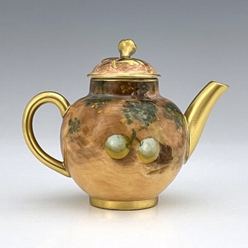 917 - Roberts for Royal Worcester, a miniature fruit painted teapot, signed and printed marks, 6.5cm high