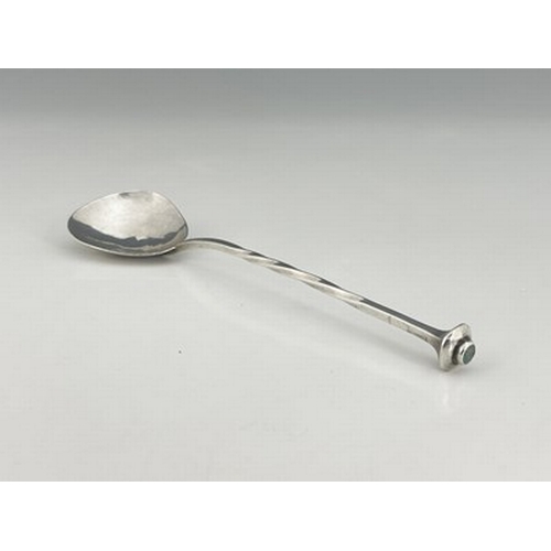 92 - A E Jones, an Arts and Crafts silver spoon, Birmingham 1907, triangular planished bowl on a square s... 