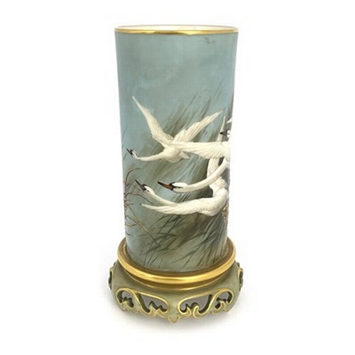 924 - Charles Baldwyn for Royal Worcester, a cylinder vase, 1904, on integrated Oriental pierced scroll br... 