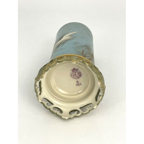 924 - Charles Baldwyn for Royal Worcester, a cylinder vase, 1904, on integrated Oriental pierced scroll br... 