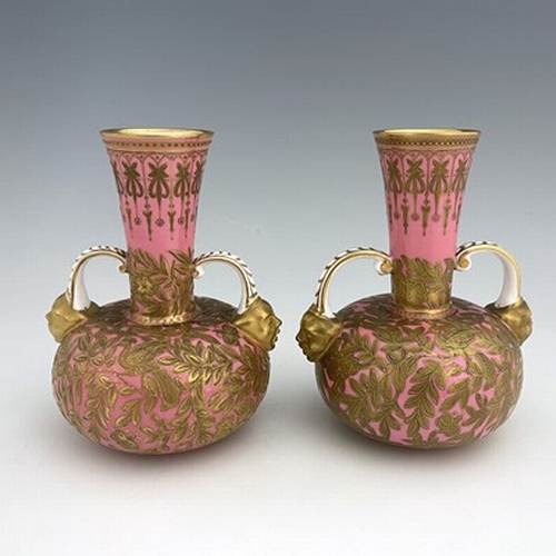 929 - A pair of Royal Crown Derby Aesthetic Movement twin handled vases, circa 1880, squat bulbous form, t... 