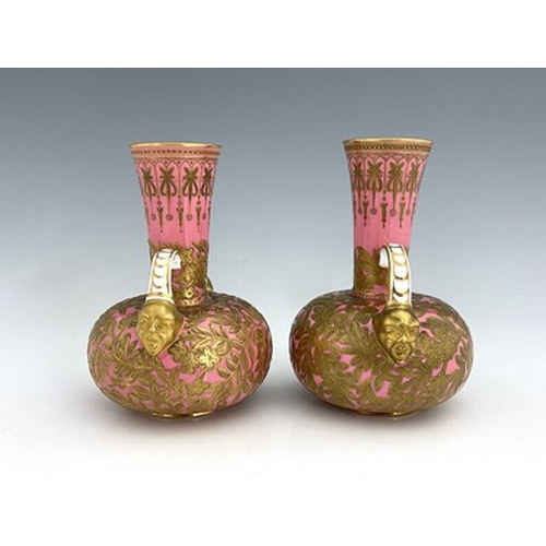 929 - A pair of Royal Crown Derby Aesthetic Movement twin handled vases, circa 1880, squat bulbous form, t... 